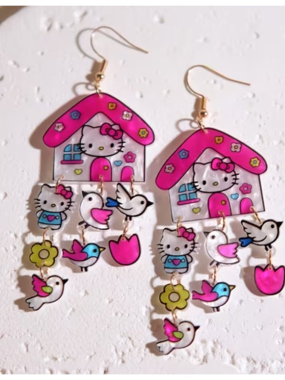 Hello Kitty House Dangle Earrings Cute Resin Charm Tassel Earrings Birds Flowers